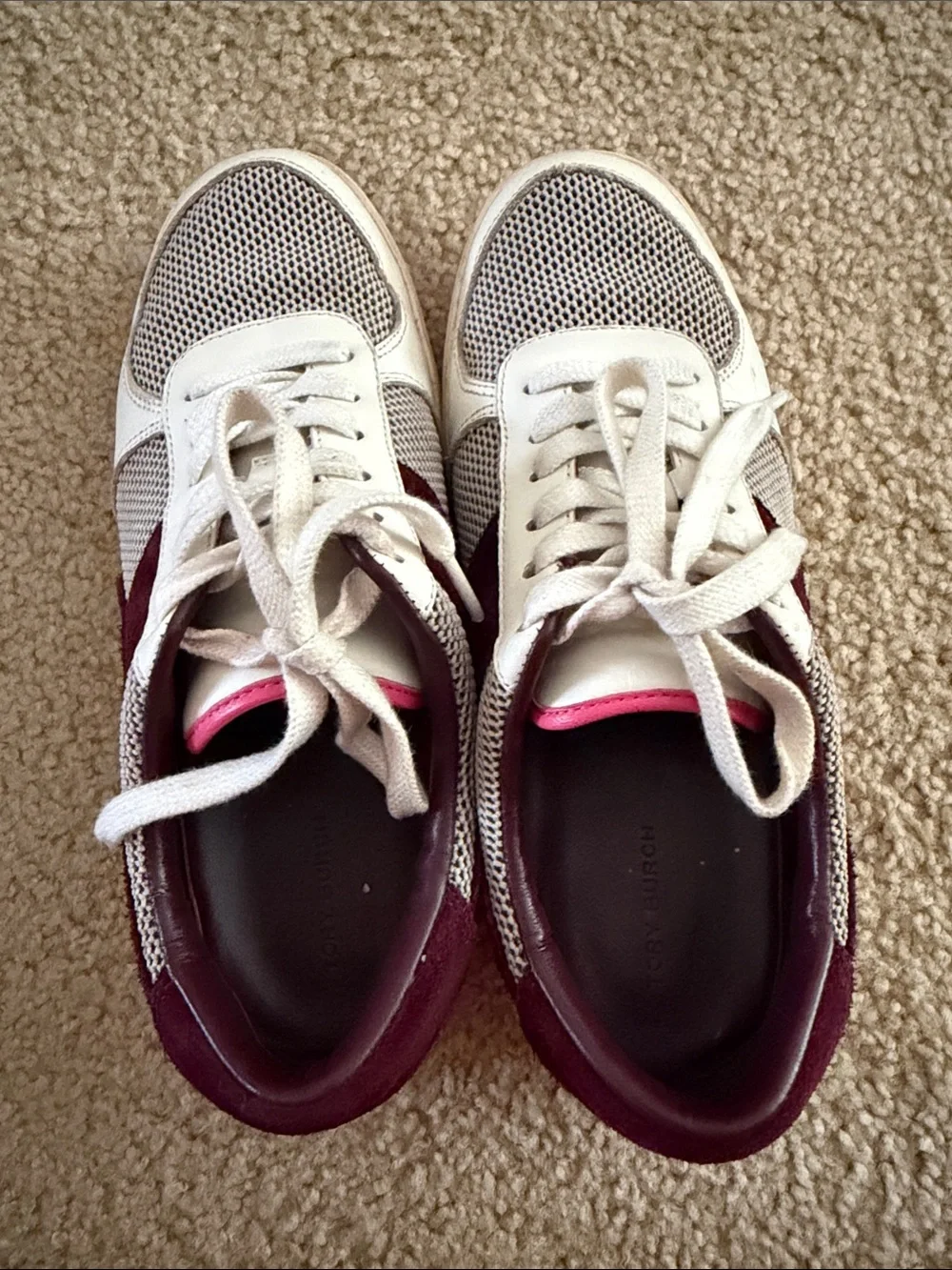 Women's Mesh & Suede Lace-Up Sneakers in White and Burgundy